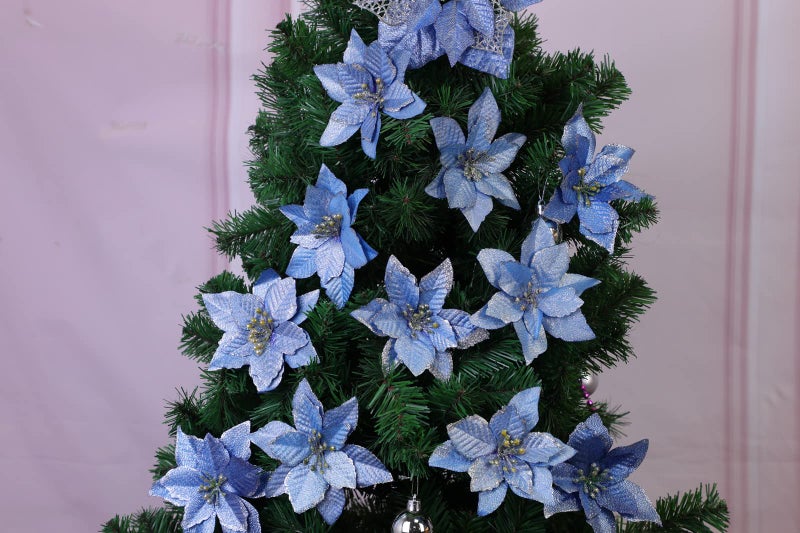 KEPATO Christmas Glitter Poinsettia Christmas Tree Ornaments Pack of 12 (Blue) - Image 3